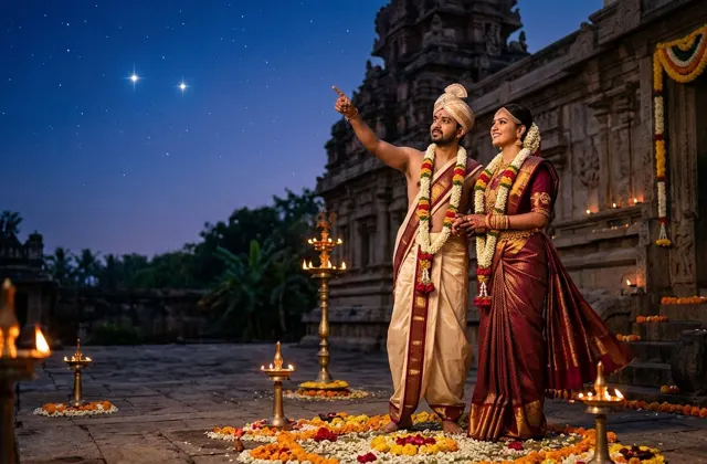 Groom pointing out the stars Arundhati and Vashishta to the bride in a twilight sky