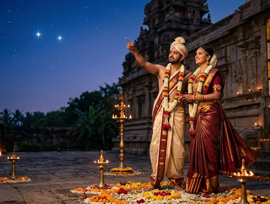 Groom pointing out the stars Arundhati and Vashishta to the bride in a twilight sky