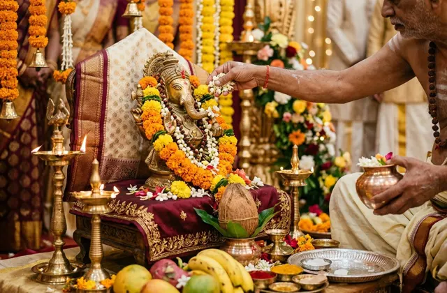 Brass Ganesha idol adorned with marigold garlands, oil lamps and pooja offerings