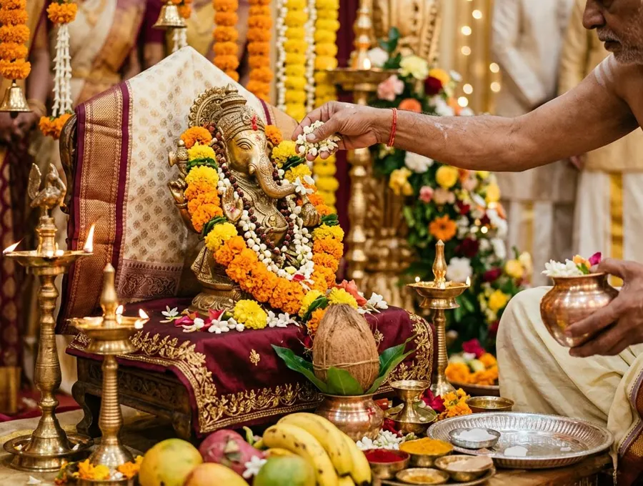 Brass Ganesha idol adorned with marigold garlands, oil lamps and pooja offerings