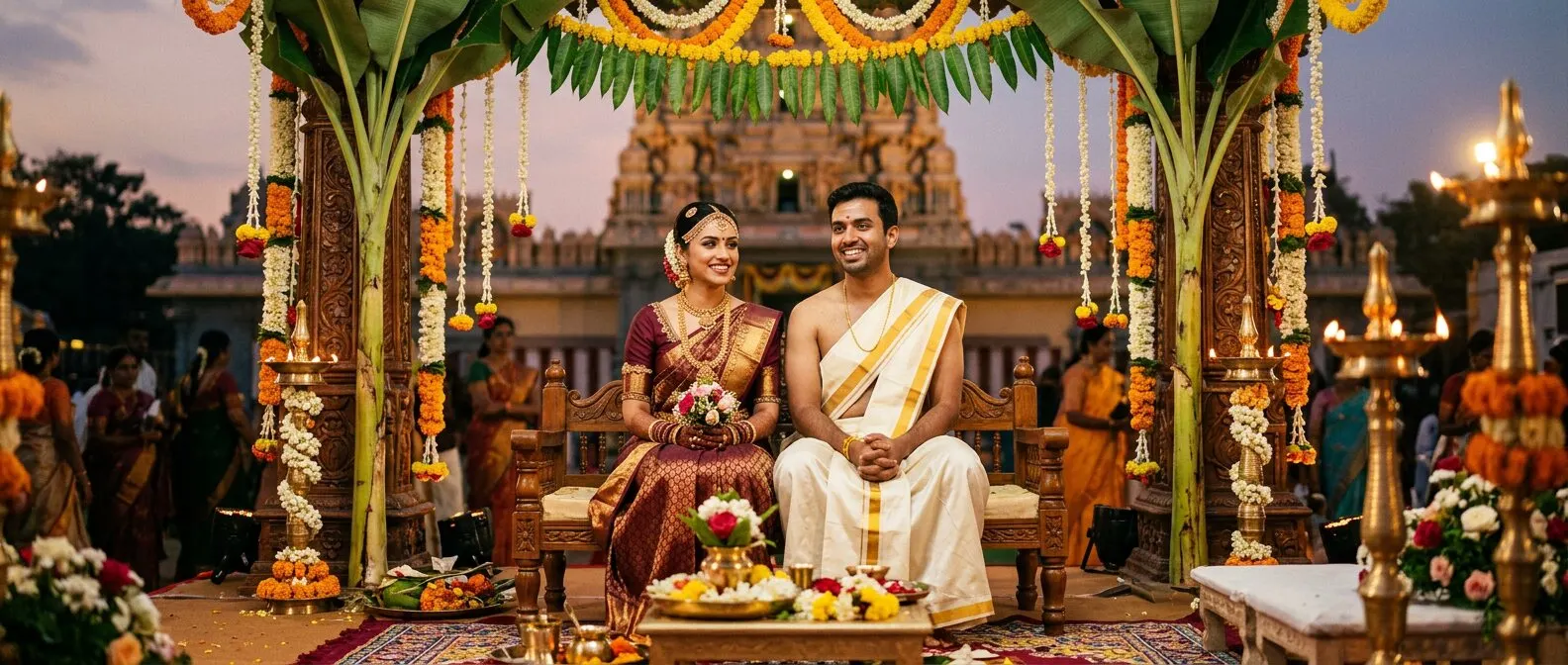 South Indian bride in a forest silk saree and groom in a cream veshti seated under a marigold-decorated wedding mandapam before a temple gopuram