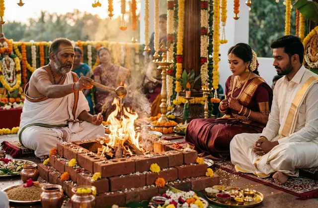 Sacred fire burning in a square altar as ghee is offered during a Hindu wedding homam