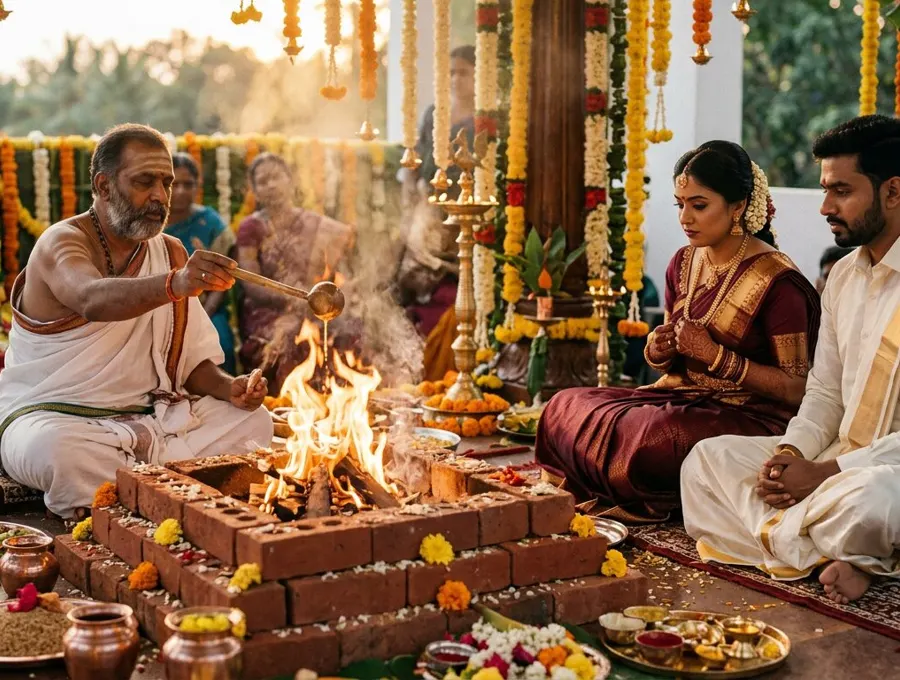Sacred fire burning in a square altar as ghee is offered during a Hindu wedding homam