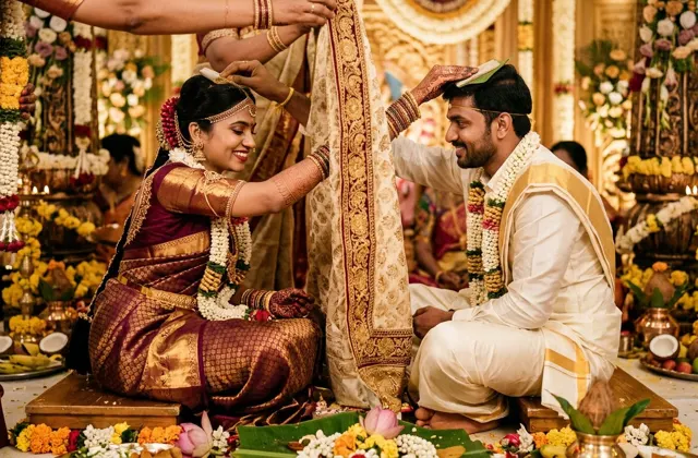 Telugu bride and groom placing cumin and jaggery paste on each other’s heads across a parted curtain