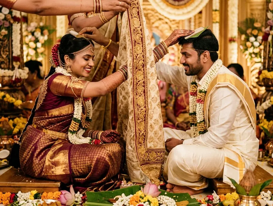 Telugu bride and groom placing cumin and jaggery paste on each other’s heads across a parted curtain