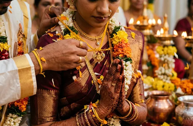 Groom tying a gold mangalsutra on a turmeric thread around the bride’s neck