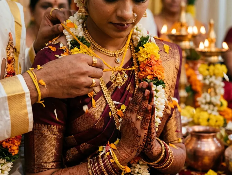 Groom tying a gold mangalsutra on a turmeric thread around the bride’s neck