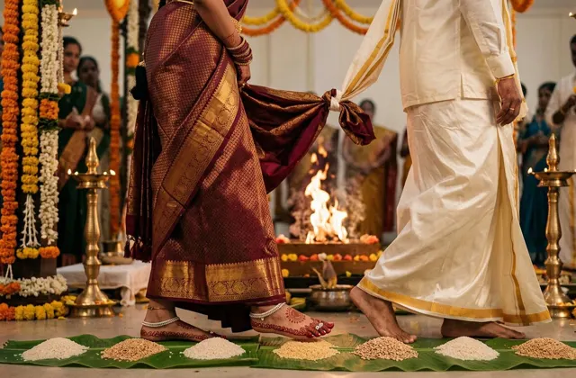 Bride and groom with garments tied together taking steps beside the sacred fire