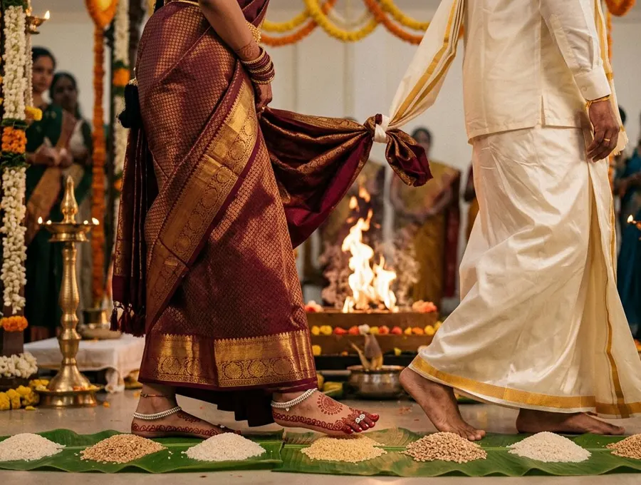 Bride and groom with garments tied together taking steps beside the sacred fire
