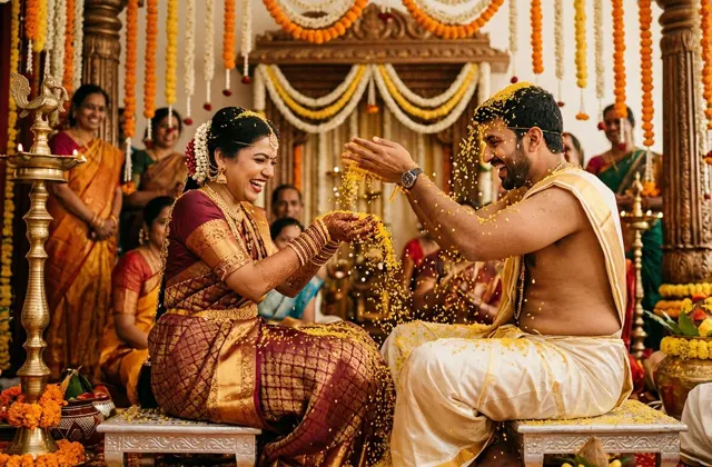 Bride and groom joyfully showering each other with turmeric-coloured rice