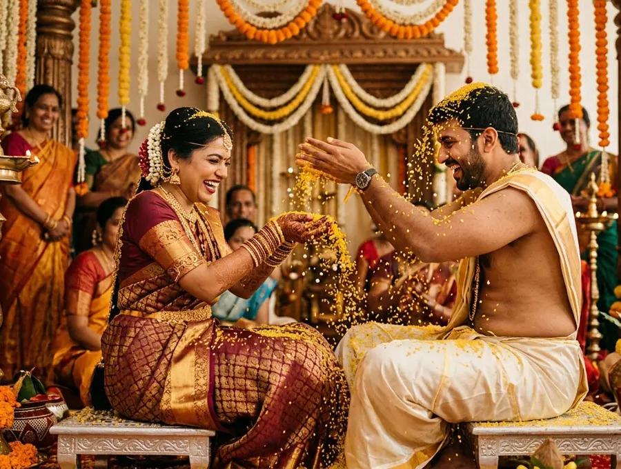 Bride and groom joyfully showering each other with turmeric-coloured rice